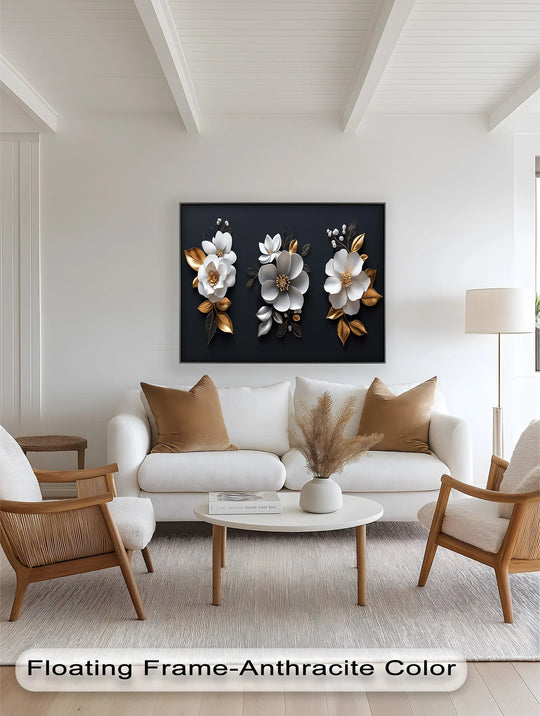 Foreground view of the elegant floral trio showcases white and gold textured brushstrokes in this stunning oil painting artwork.