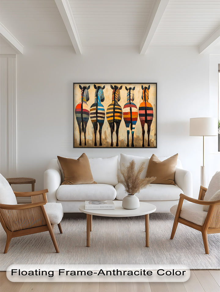 Five Colorful Zebras with Bold Stripes – Animal Oil Painting