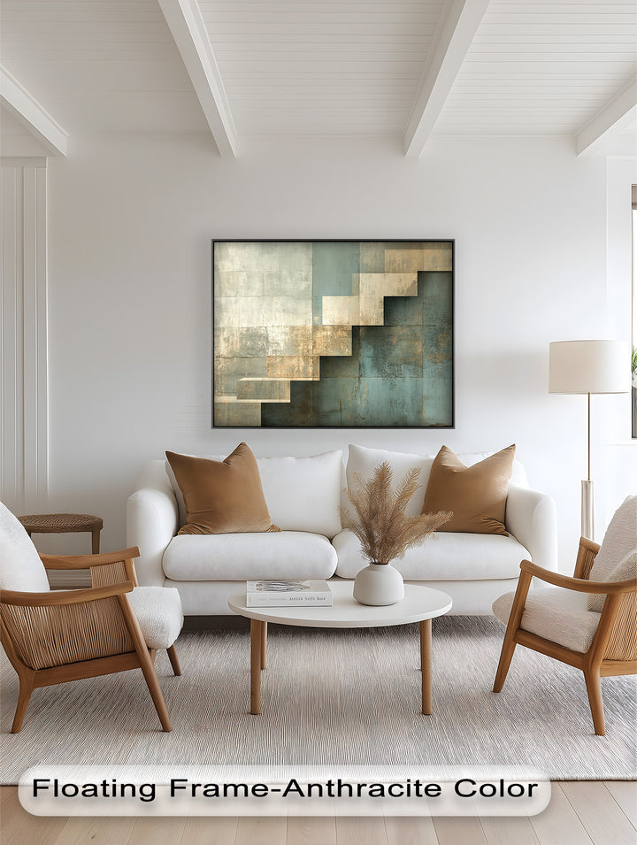 Geometrische Schritte Abstrakt – Blau &amp; Beige Modernes Ölgemälde