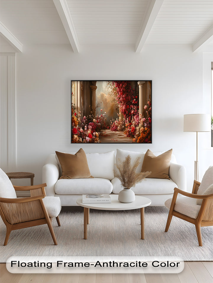 Rosenbedeckte Palastsäulen – Florales Fantasie-Ölgemälde