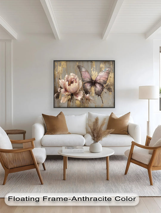 Organic forms intertwine in this oil painting decoration showcasing the elegant butterfly and peony, a pastel floral oil painting with soft hues.