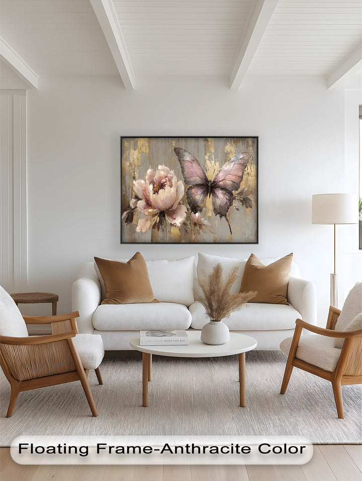 Vintage-inspired wall art featuring a blooming peony and pastel butterfly.
