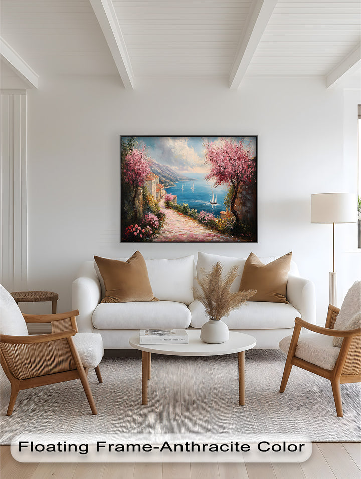 Incredible Sea Street & Spring Blossoms – Coastal Charm Oil Painting