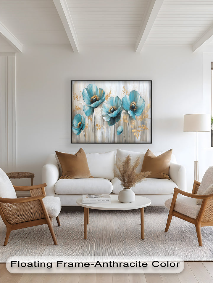 Blue Poppies with Metallic Accents - Flower Oil Painting