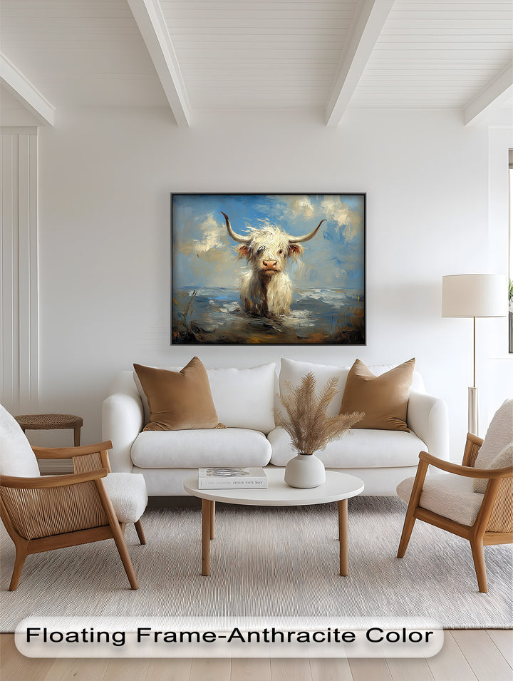 Highland Cow in Coastal Waters – Animal Oil Painting