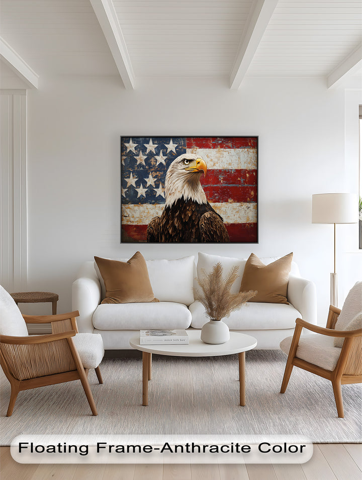 Adler mit amerikanischer Flagge – Patriotisches Ölgemälde