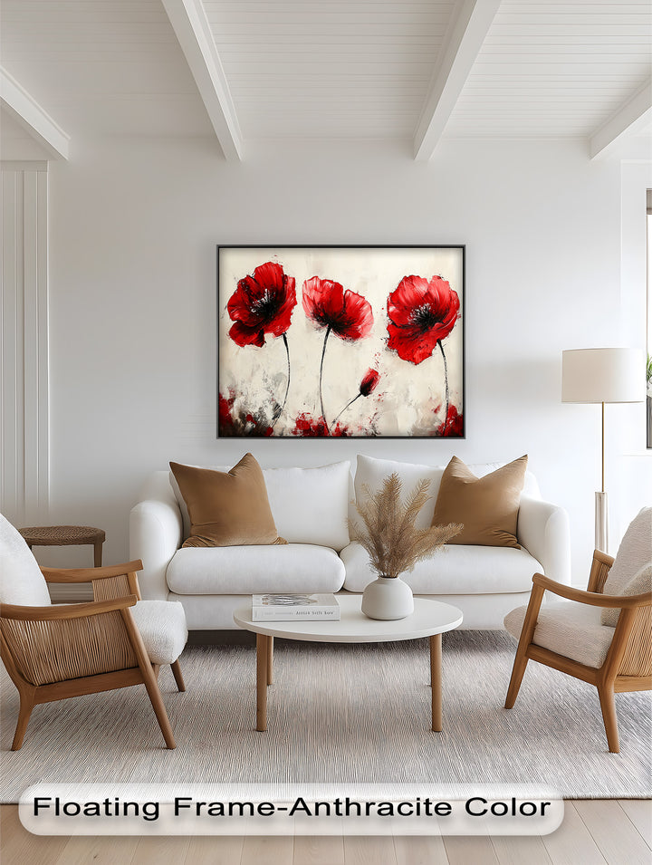 Crimson Elegance – Bold Red Poppies on Cream Flower Oil Painting