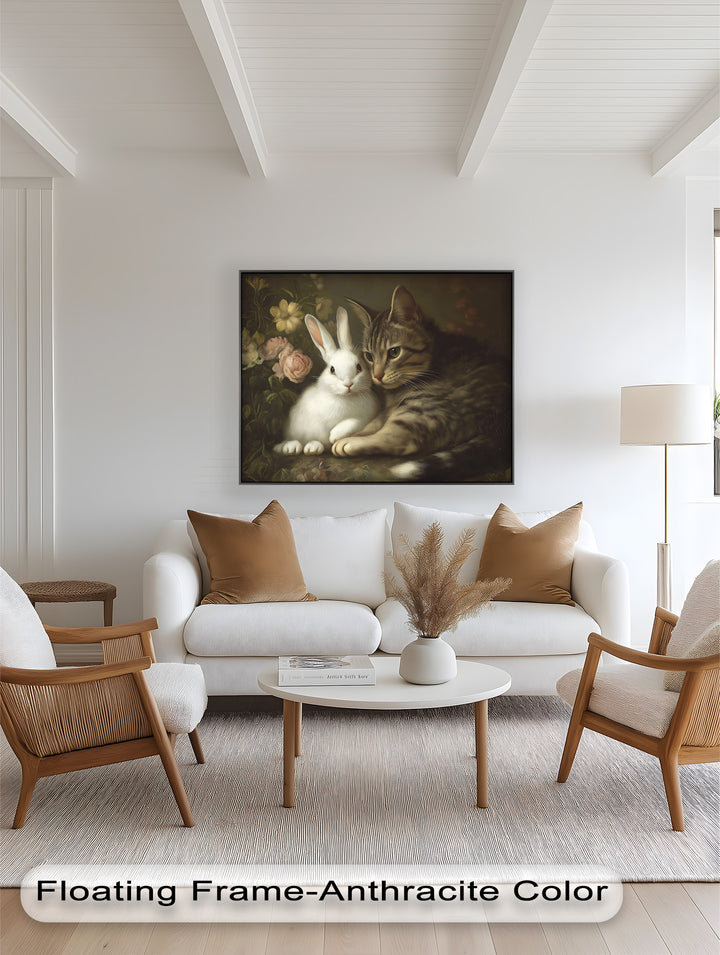 Cat and Rabbit in Floral Harmony - Animal Oil Painting
