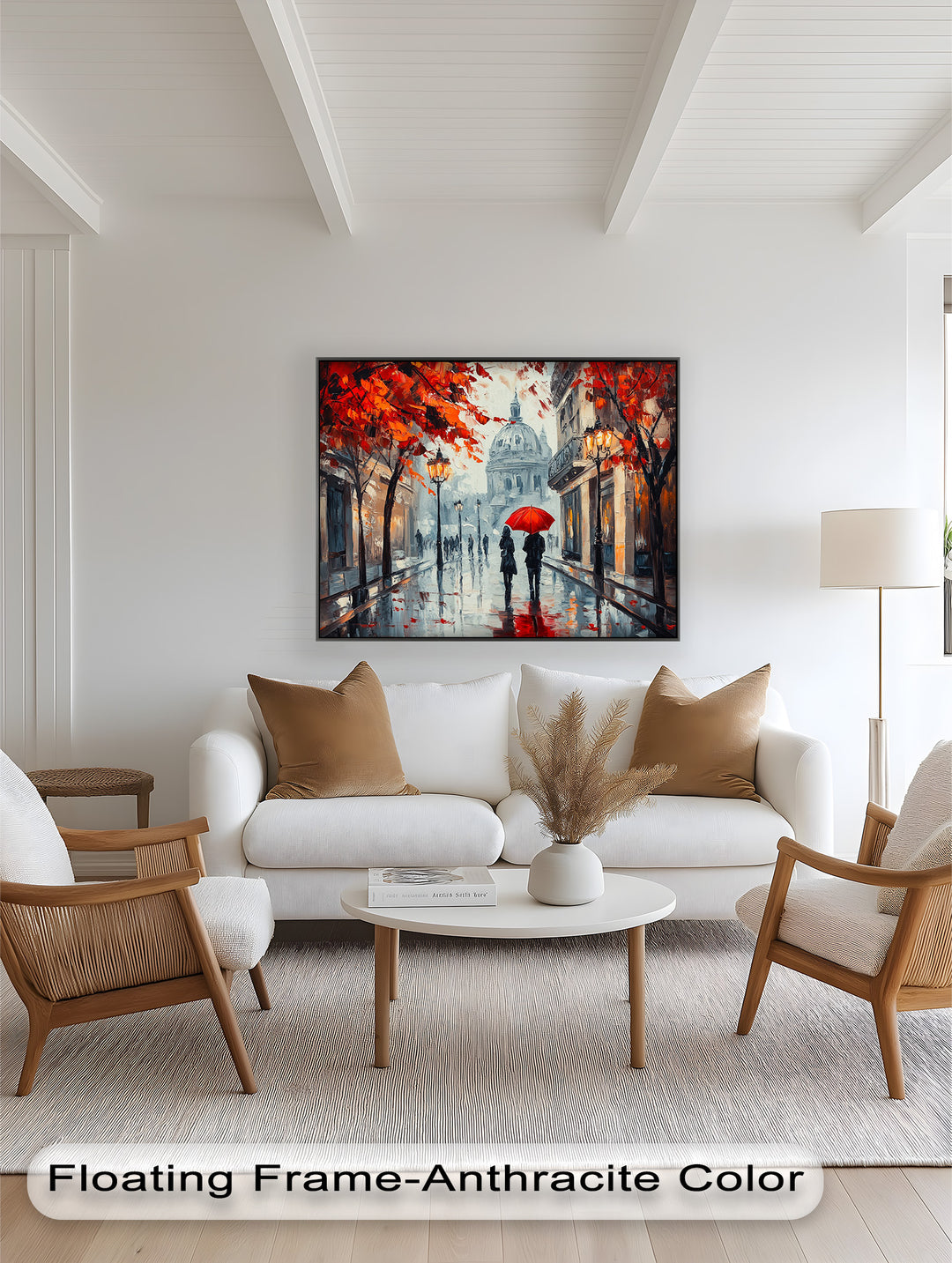 Lovers Walking with Red Umbrella - Love Oil Painting