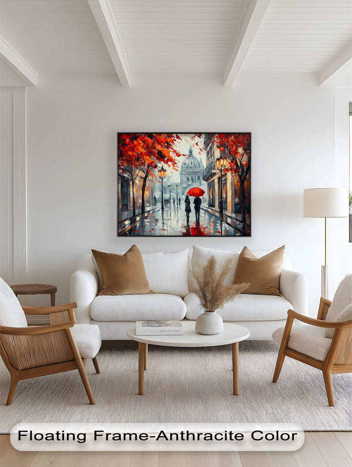 Lovers Walking with Red Umbrella - Love Oil Painting