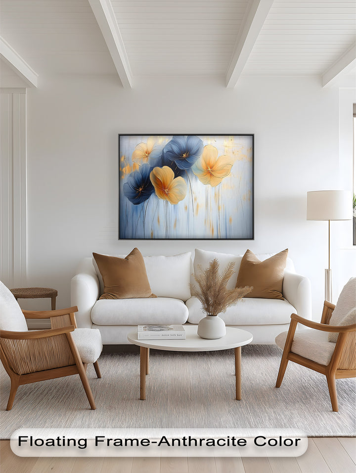 Contemporary wall art with flowing floral forms in rich blues and yellows.
