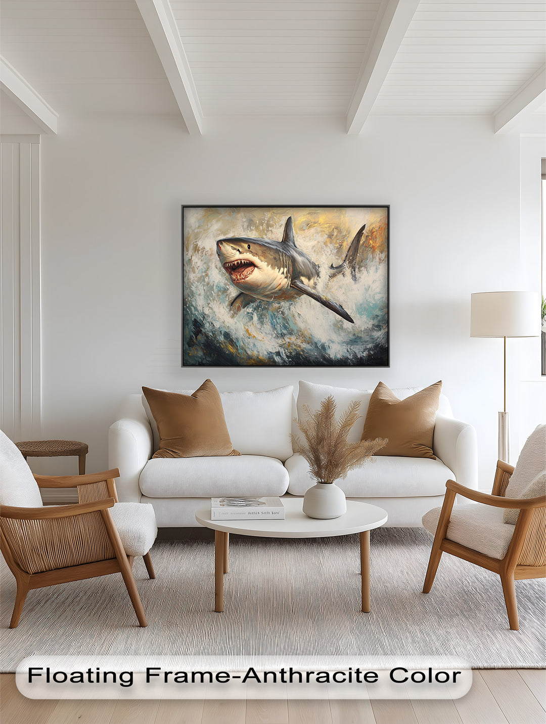 Ferocious Great White Shark Leaping Through Waves - Animal Oil Painting