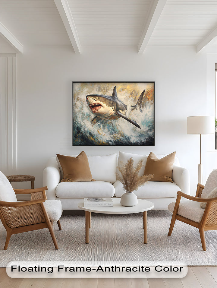 Ferocious Great White Shark Leaping Through Waves - Animal Oil Painting