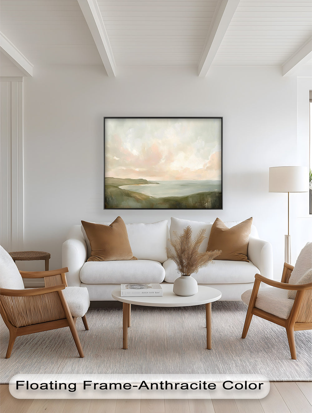 Minimalist seascape art featuring gentle shoreline and hazy horizon.
