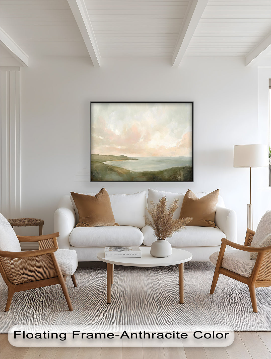 Minimalist seascape art featuring gentle shoreline and hazy horizon.

