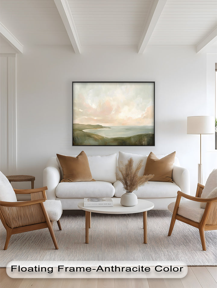 Minimalist seascape art featuring gentle shoreline and hazy horizon.
