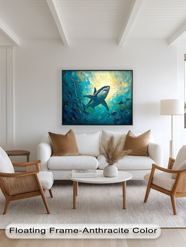 Great White Shark in Sunlit Ocean Depths – Animal Oil Painting