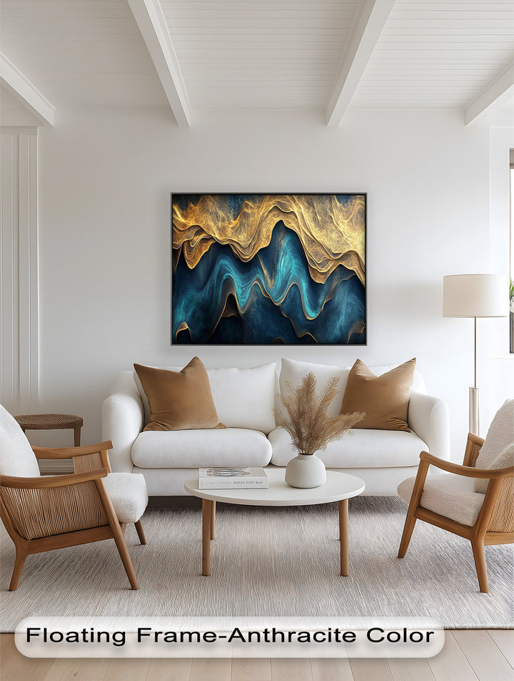 Flowing Teal & Gold Waves – Abstract Oil Painting