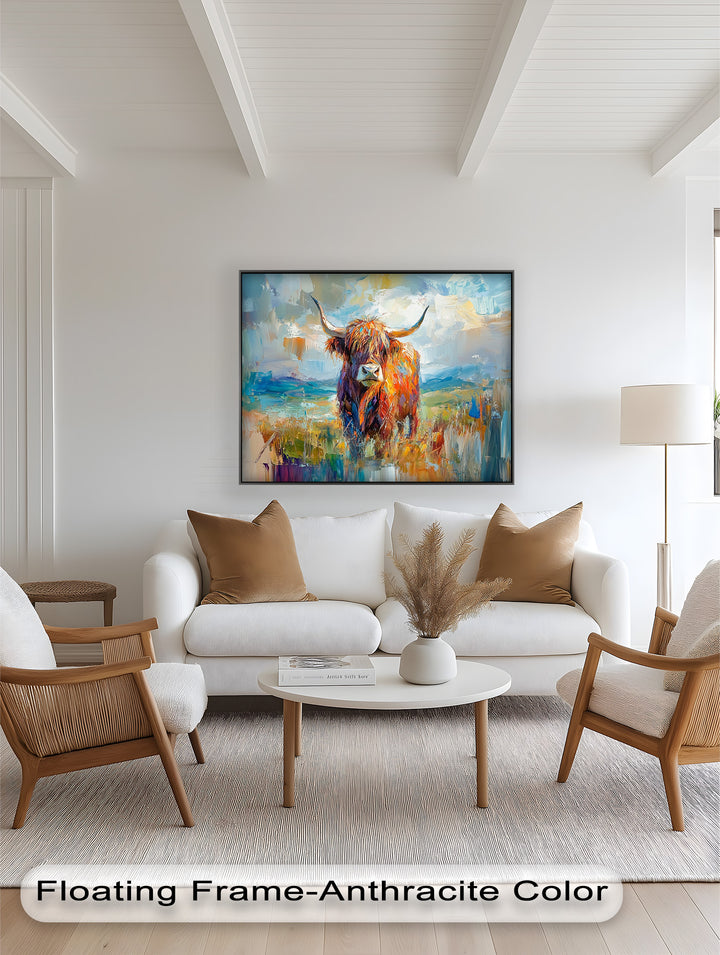 Highland Cow in Windswept Fields - Animal Oil Painting