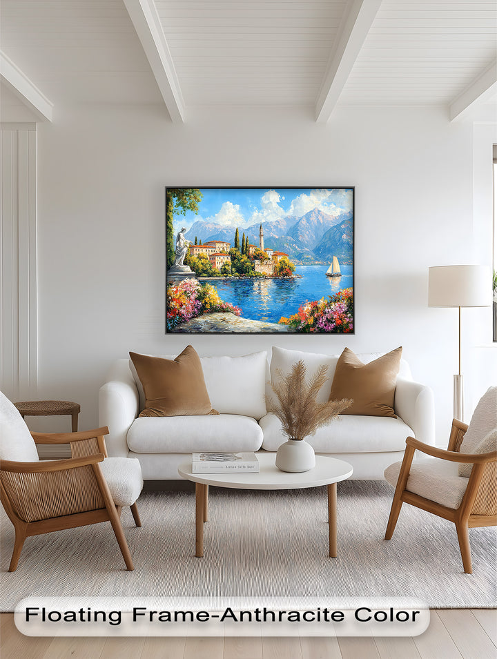 Colorful Italian Lake Town Wall Art – Landscape Oil Painting