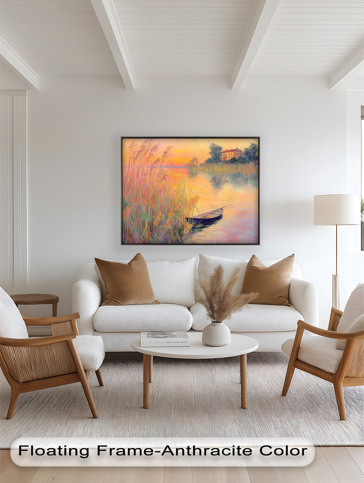 Golden Reeds and Sunset Rowboat – Impressionist Oil Painting