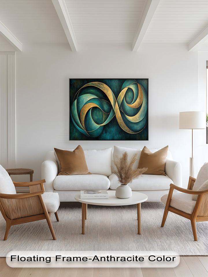 Elegant abstract painting with fluid curves and luminous gold highlights.
