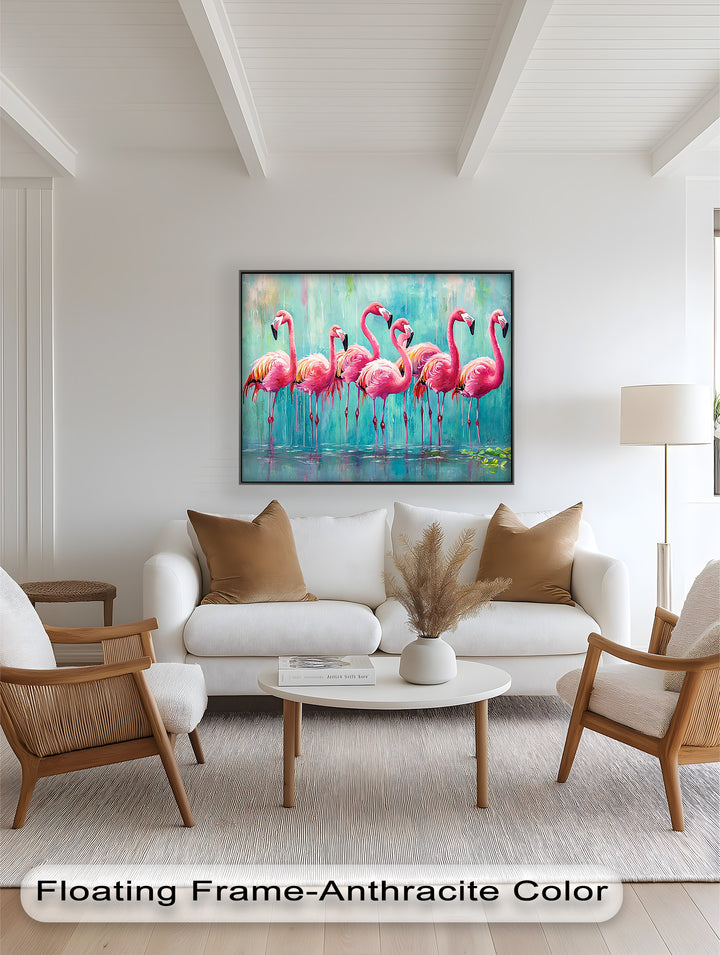 Flamingoschwarm auf dem Wasser – Tierölgemälde