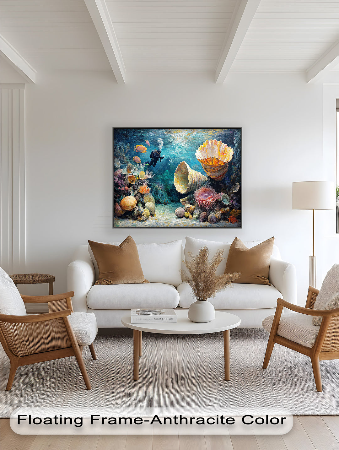 Diver Exploring Coral Reefs with Giant Shells - Animal Oil Painting