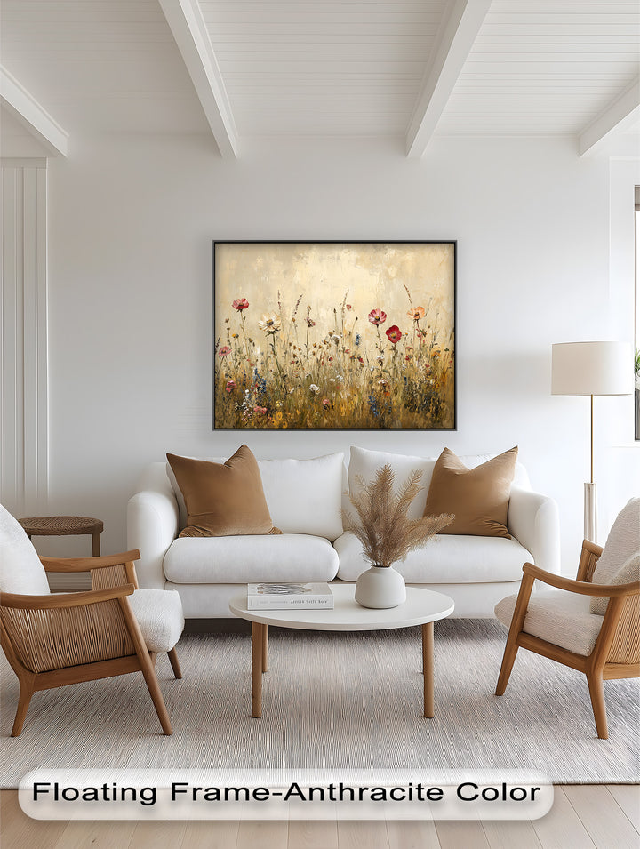 This exquisite botanical composition radiates warmth and serenity, as scattered wildflowers in rich, earthy tones create a timeless celebration of nature’s quiet beauty.