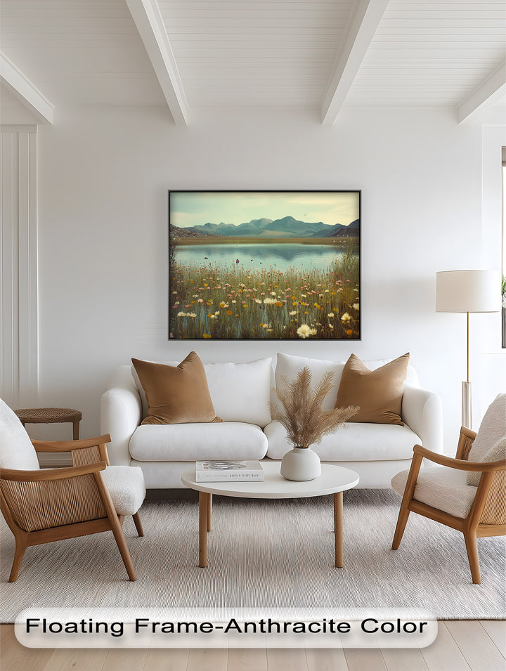 Butterfly Bloom by the Lake – Framed Oil Painting