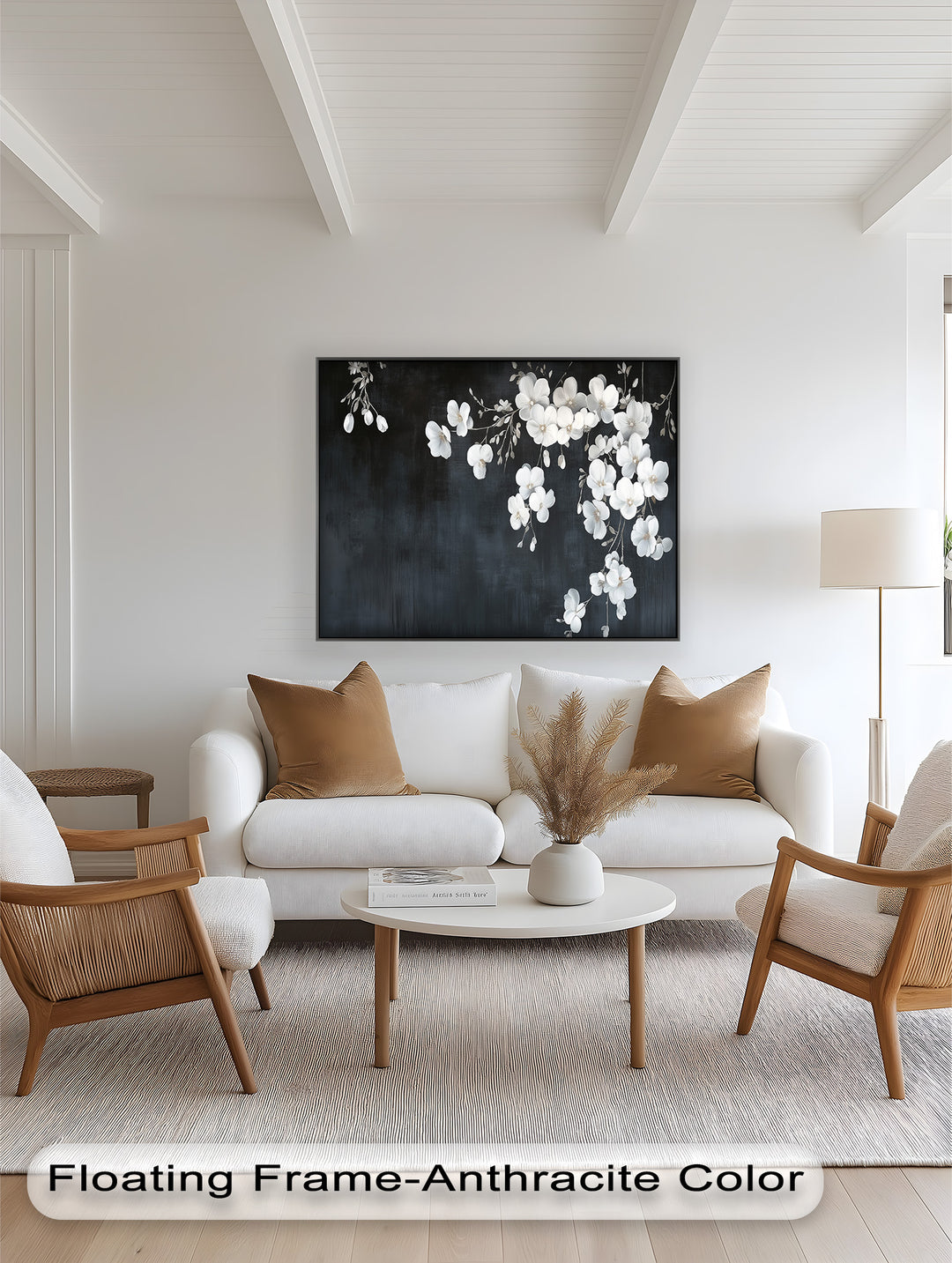 White Cherry Flowers on Midnight Blue - Flower Oil Painting