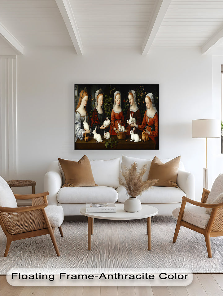 Maiden Garden Gathering – Renaissance Rabbit Portrait Oil Painting