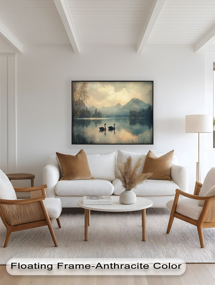 Black Swans on a Mountain Lake – Modern Oil Painting