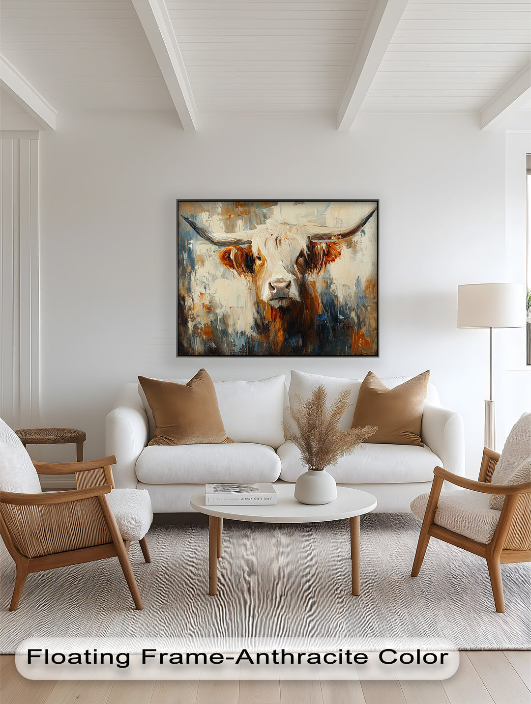 Highland Cow with White Horns – Animal Oil Painting