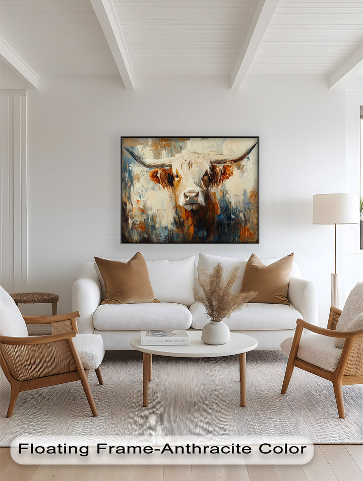 Highland Cow with White Horns – Animal Oil Painting