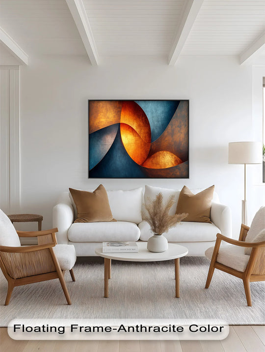 Featuring rich color saturation, the oil painting art piece titled 'Curved Ember Abstract' showcases a vibrant blend of fiery orange and deep blue hues.