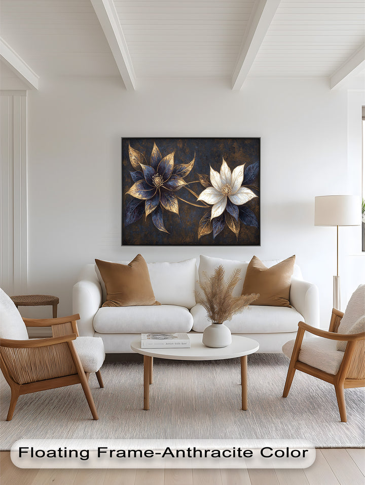 Blue Floral Stained Art – Botanical Oil Painting