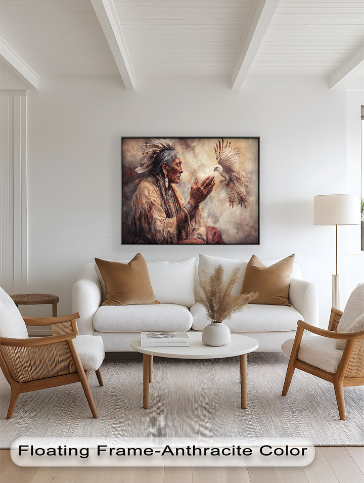 Whisper to the Spirit – Native Elder and Falcon Oil Painting