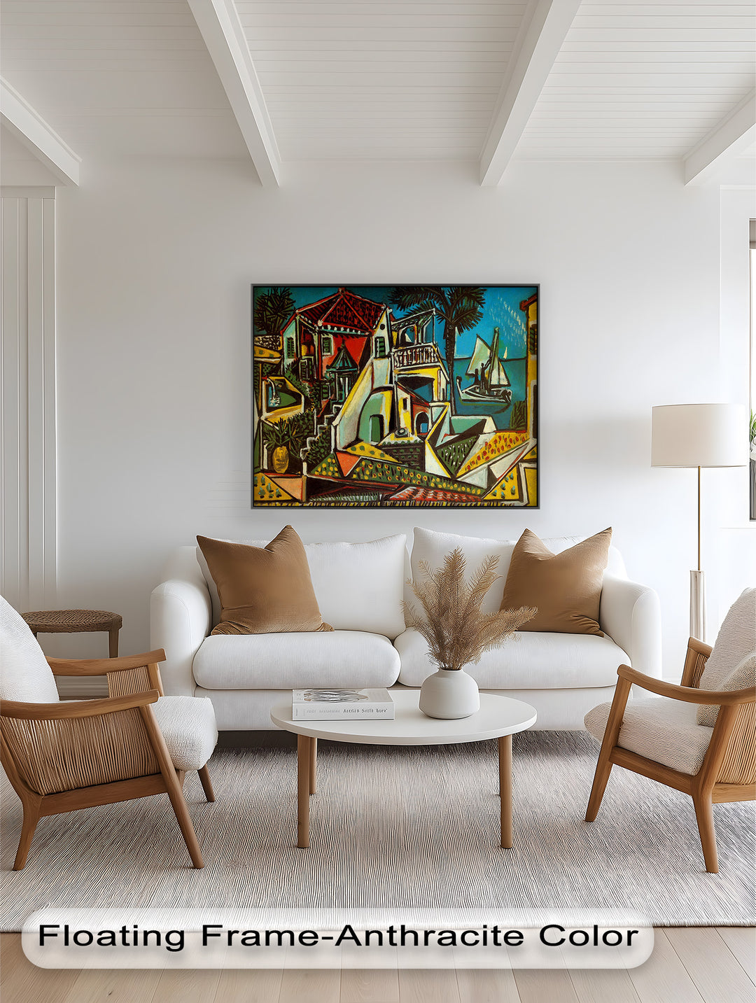 A cheerful, cubist-inspired depiction of a harbor village, where land, sea, and architecture converge in bold colors and lines.