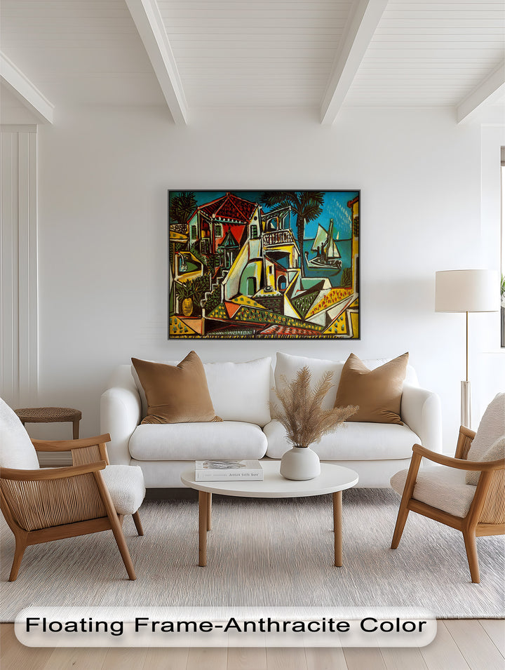 A cheerful, cubist-inspired depiction of a harbor village, where land, sea, and architecture converge in bold colors and lines.