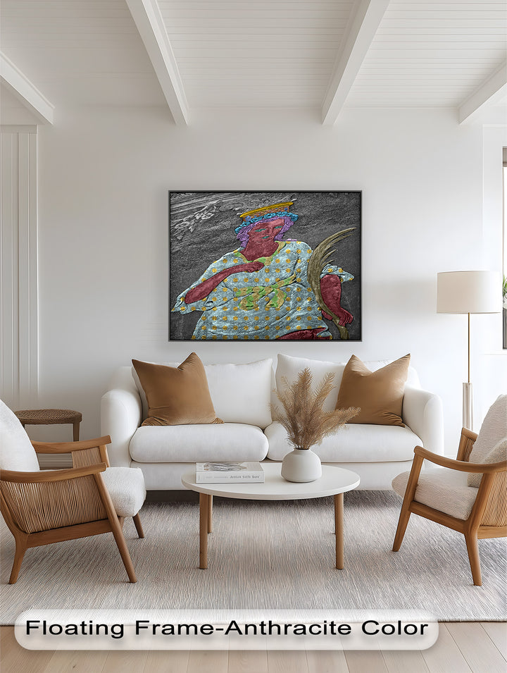 Geheiligte Blüte – Polychromes Engelrelief-Ölgemälde