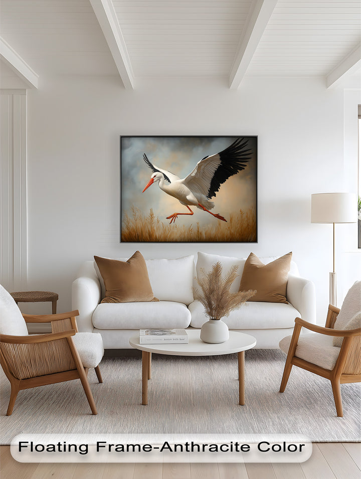 Stork in Flight over Golden Grasses – Animal Oil Painting