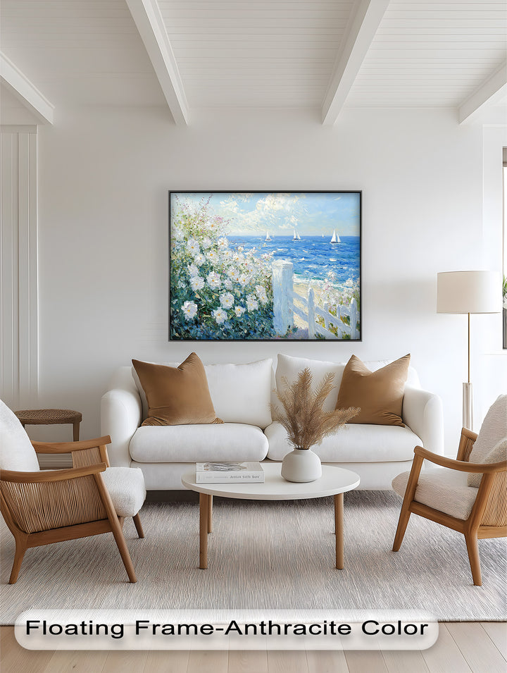 White Rose Garden with Sailboats – Impressionist Oil Painting