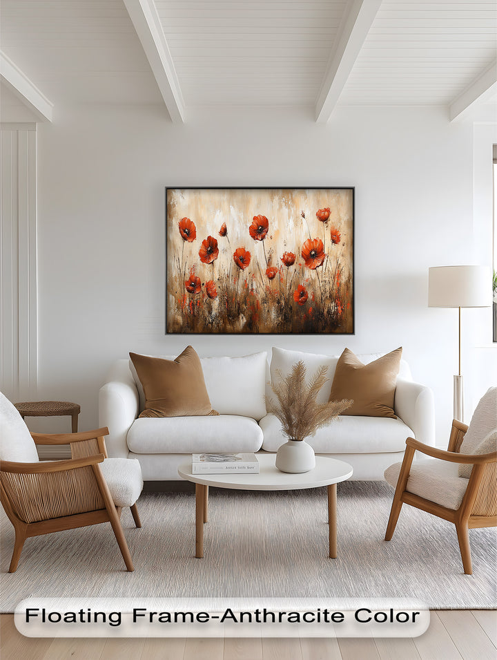 Fiery Meadow – Scarlet Poppies in Earth-Toned Field Flower Oil Painting