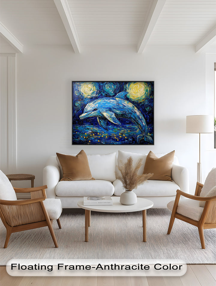 Starry Night Dolphin in Ocean Dreamscape – Animal Oil Painting