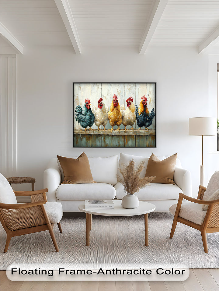 Colorful Roosters on a Wooden Fence – Animal Oil Painting