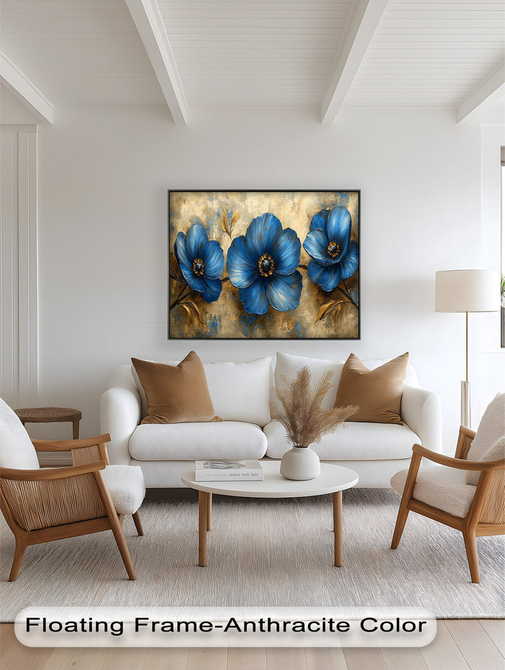 Golden Beige Elegance – Royal Blue Floral Trio Flower Oil Painting