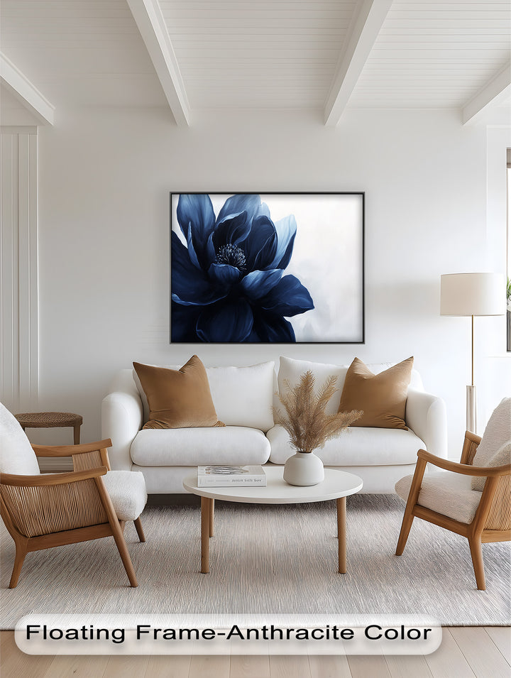 Midnight Bloom Wall Art – Navy Blue Floral Oil Painting