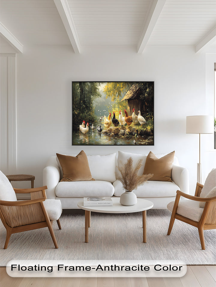 Country Farmyard Chickens by the Stream – Animal Oil Painting