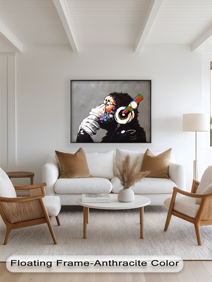 Contemplative Chimp with Headphones - Banksy Oil Painting
